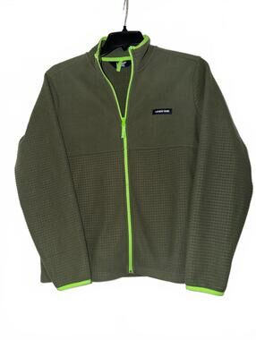 Lands' End Men's Olive Green Full Zip Fleece Jacket with Neon Green Trim Size S